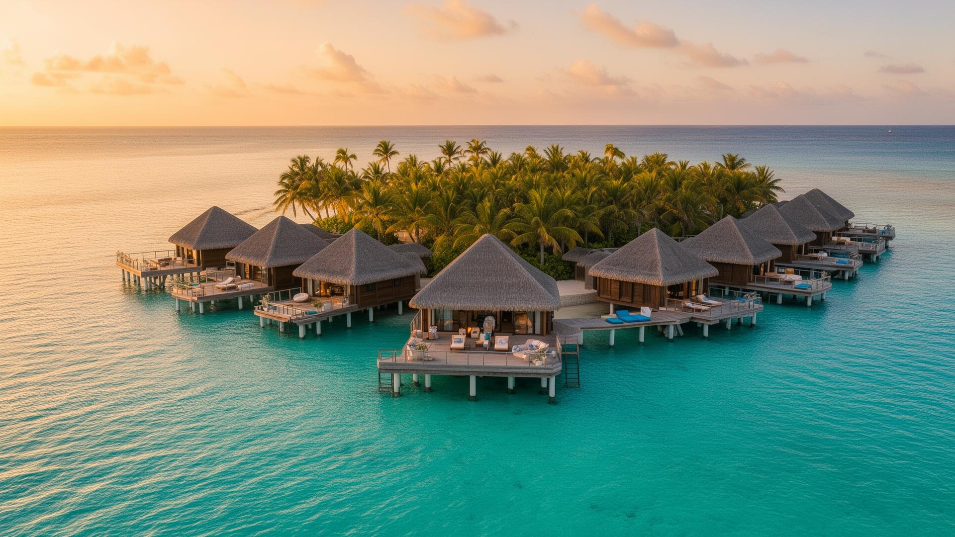 Luxury overwater villas at golden hour